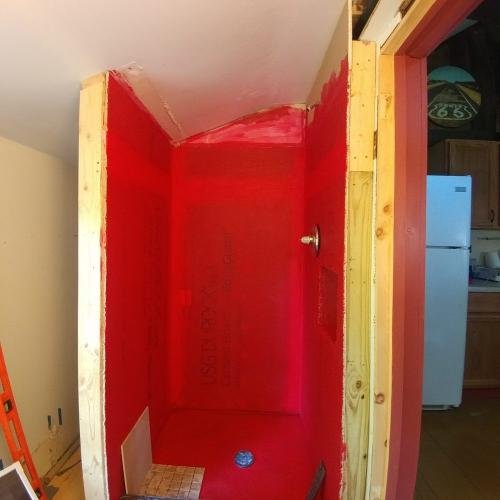 shower walls with red gard
